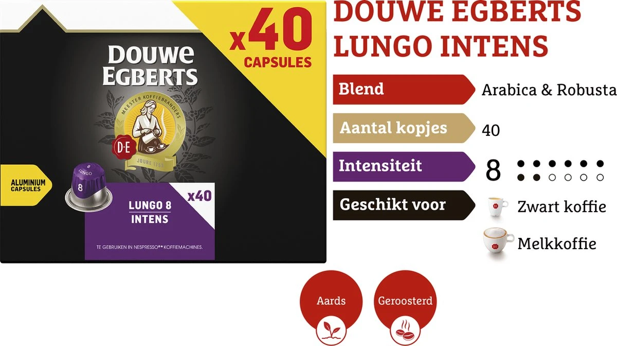 Douwe Egberts Lungo Intens (8) - 5 X 40 Koffiecups 7 Douwe Egberts Lungo Intens (8) - 5 X 40 Koffiecups - Afbeelding 5
