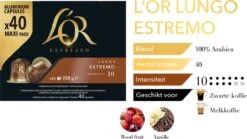 L'OR Lungo Estremo Koffiecups - Intensiteit 10/12 - 4 X 40 Capsules 11 L'OR Lungo Estremo Koffiecups - Intensiteit 10/12 - 4 X 40 Capsules -Koffie/Drankjes Winkel 1200x676