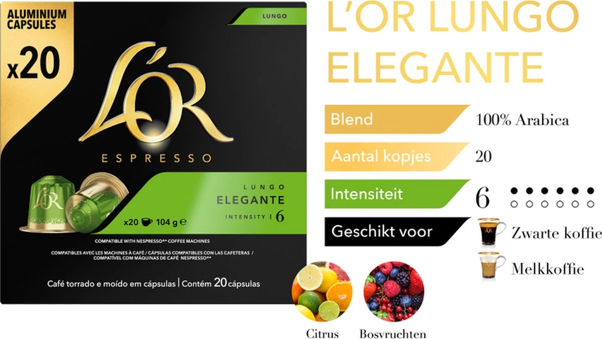 L'OR Lungo Elegante Koffiecups - Intensiteit 6/12 - 10 X 20 Capsules 8 L'OR Lungo Elegante Koffiecups - Intensiteit 6/12 - 10 X 20 Capsules - Afbeelding 6