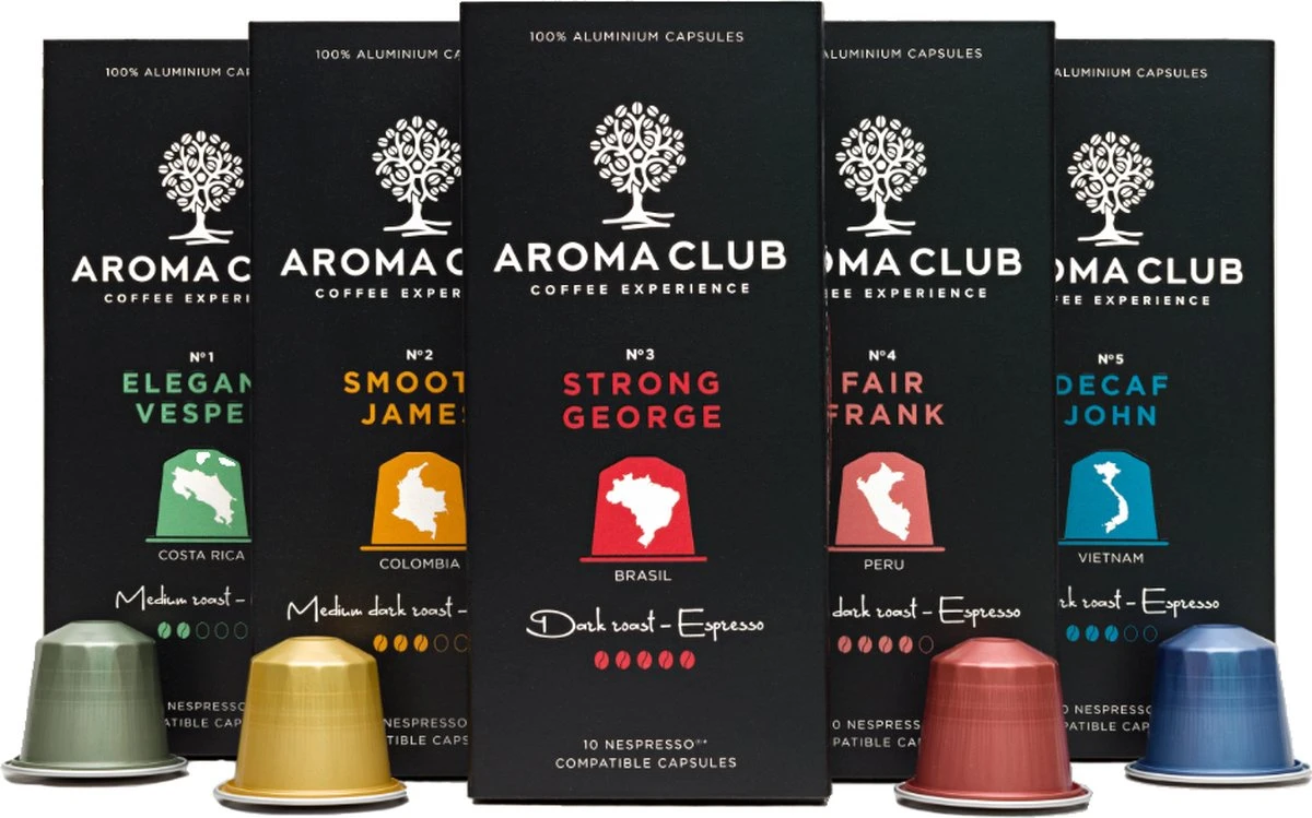 Aroma Club - Proefpakket Nespresso Compatible Capsules (100 St.) - 5 Smaken - Espresso & Lungo - 100% Aluminium Koffiecups 3 Aroma Club - Proefpakket Nespresso Compatible Capsules (100 St.) - 5 Smaken - Espresso & Lungo - 100% Aluminium Koffiecups