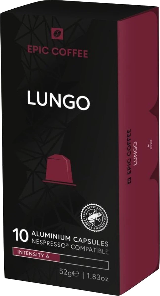 100 Capsules Epic Coffee - Lungo - Nespresso® Compatible Aluminium Capsules - RFA Keurmerk - Doos 100 Stuks 3 100 Capsules Epic Coffee - Lungo - Nespresso® Compatible Aluminium Capsules - RFA Keurmerk - Doos 100 Stuks